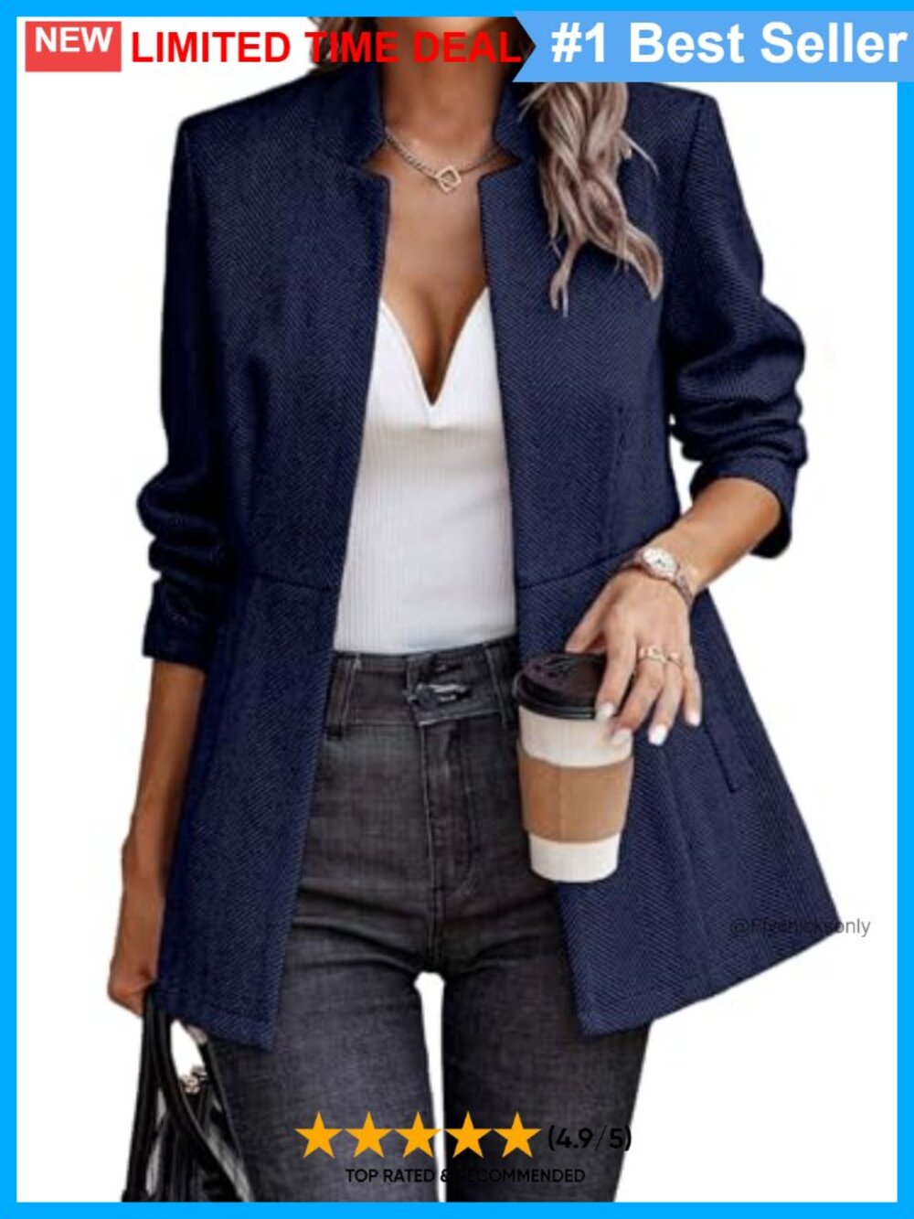 Open Front Herringbone Blazer Long Sleeve Work Jacket Full Lining Padded